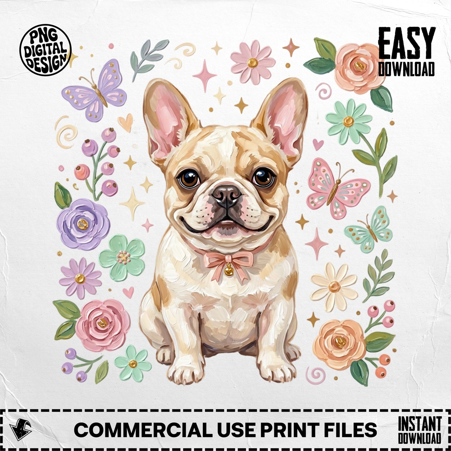 French bulldog with floral border and butterflies, "EASY DOWNLOAD" text.