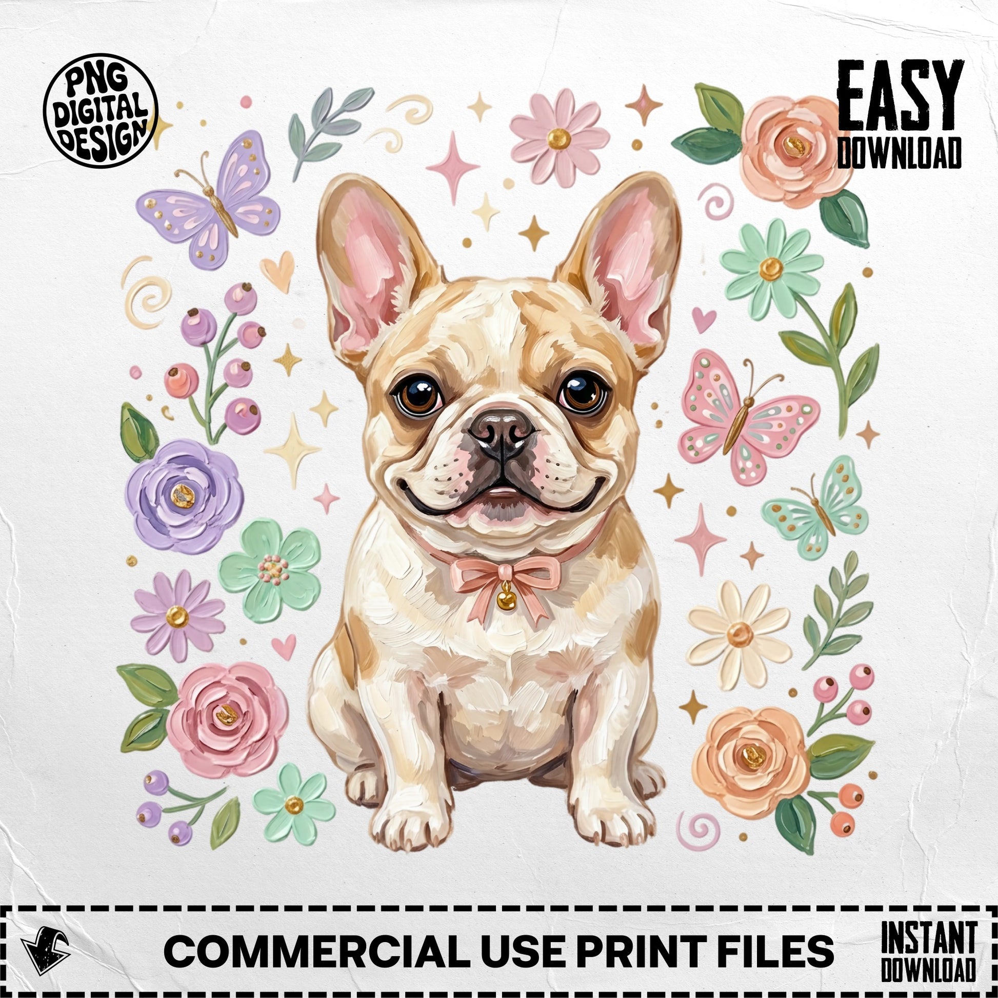 French bulldog with floral border and butterflies, "EASY DOWNLOAD" text.