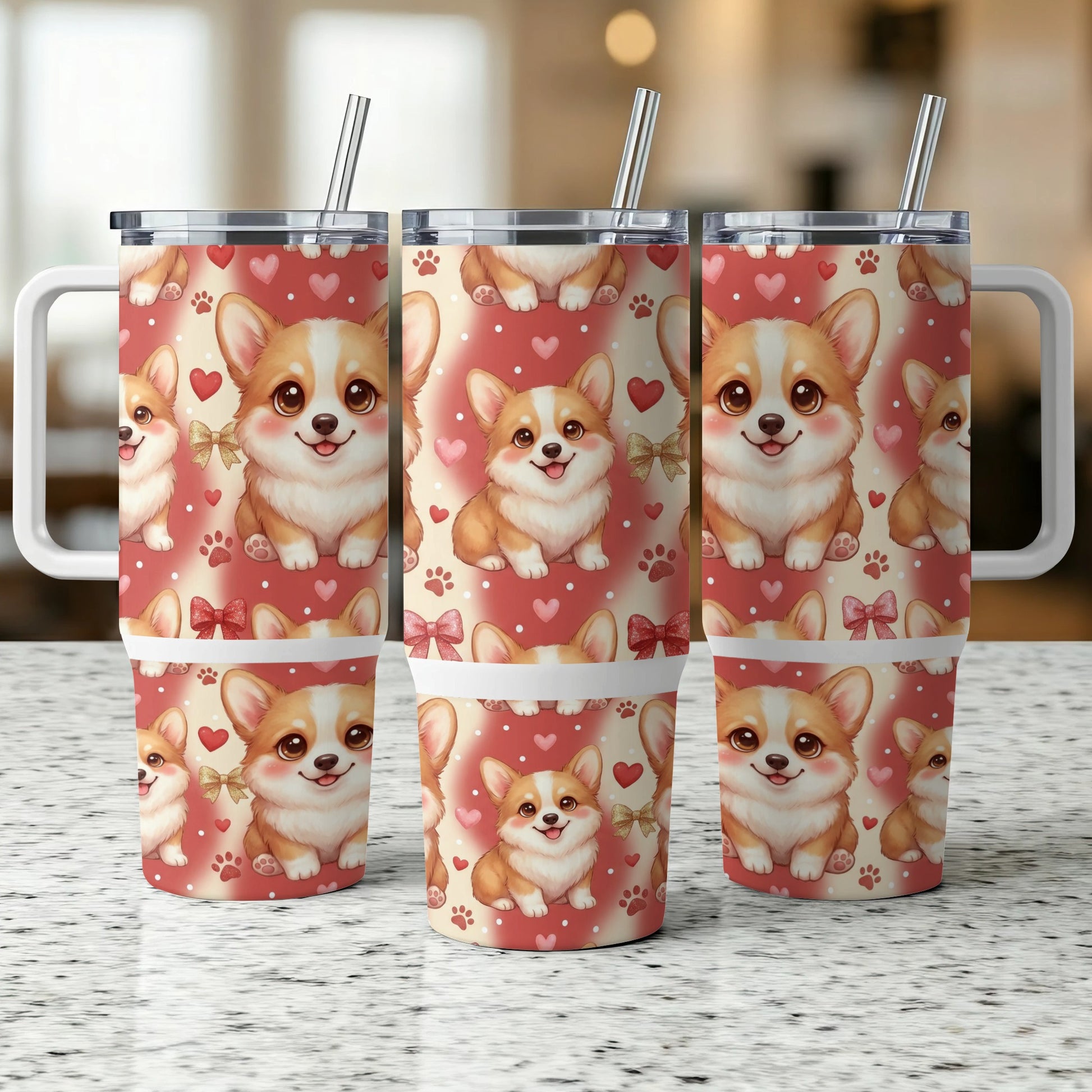 Three tumblers with a corgi and heart pattern, featuring straw lids.