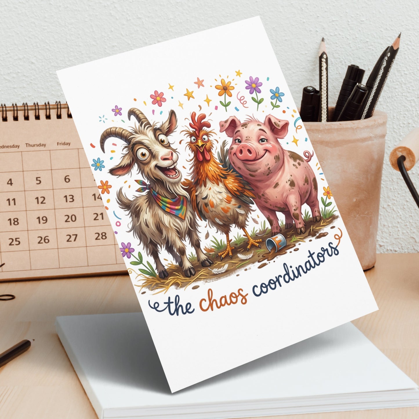 Greeting card with a goat, chicken, and pig, saying "the chaos coordinators".