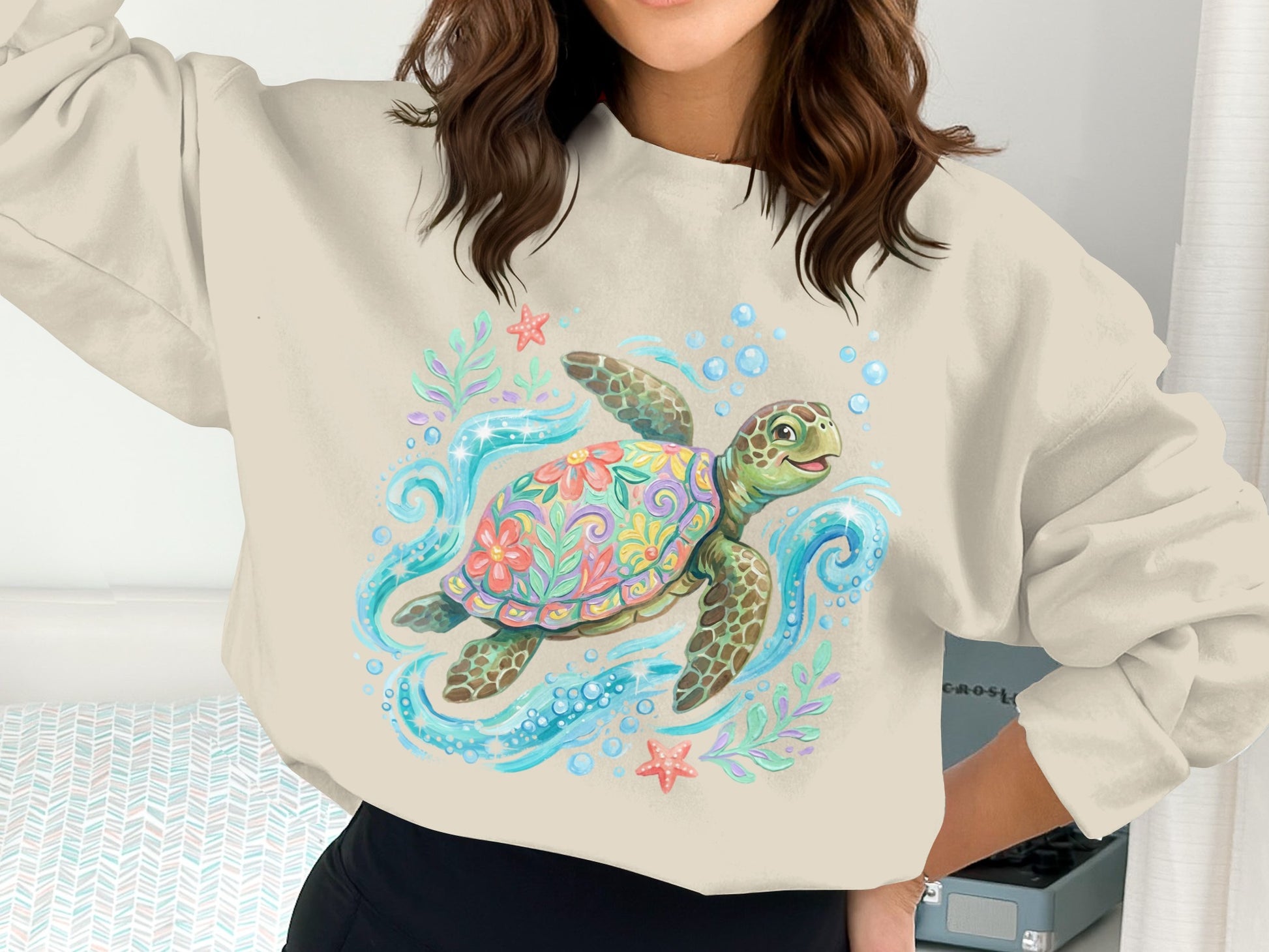 Colorful sea turtle with flowers swimming in blue waves.