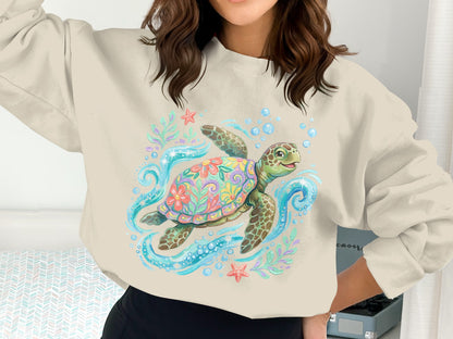 Colorful sea turtle with flowers swimming in blue waves.