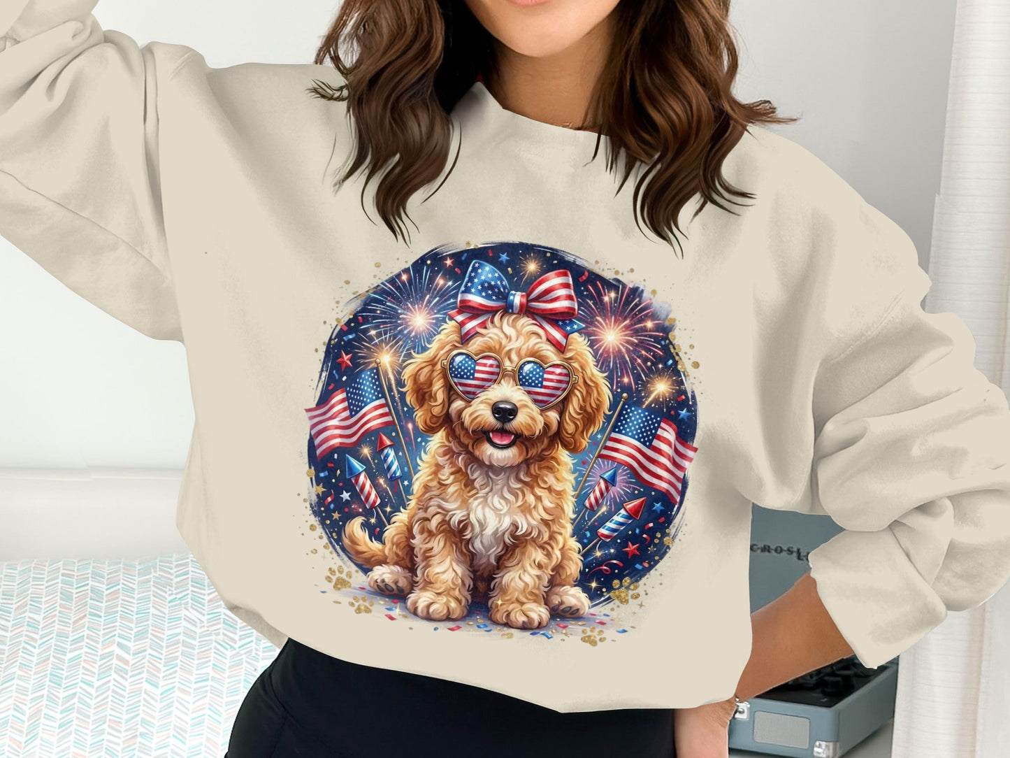 Dog wearing sunglasses with American flags and fireworks graphic on sweatshirt.