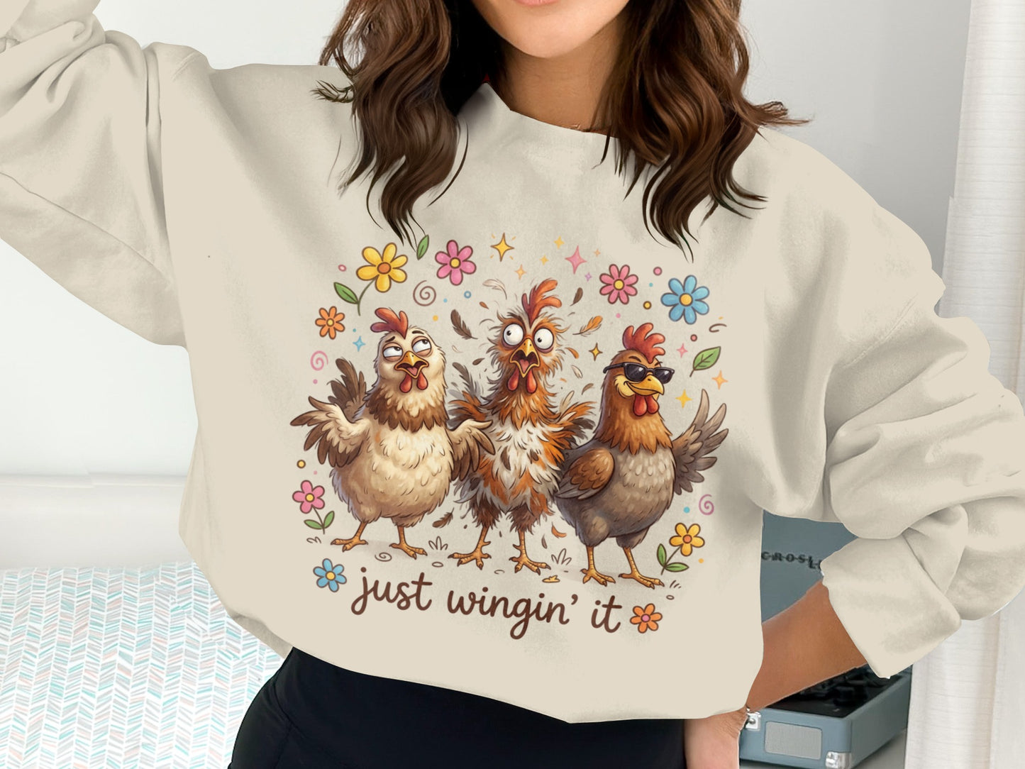 Three cartoon chickens wearing sunglasses with flowers and "just wingin' it" text.