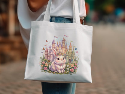 White tote bag featuring a crowned bunny surrounded by a castle and flowers.