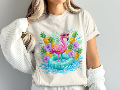 Flamingo in sunglasses on a pool float with pineapples and flowers.