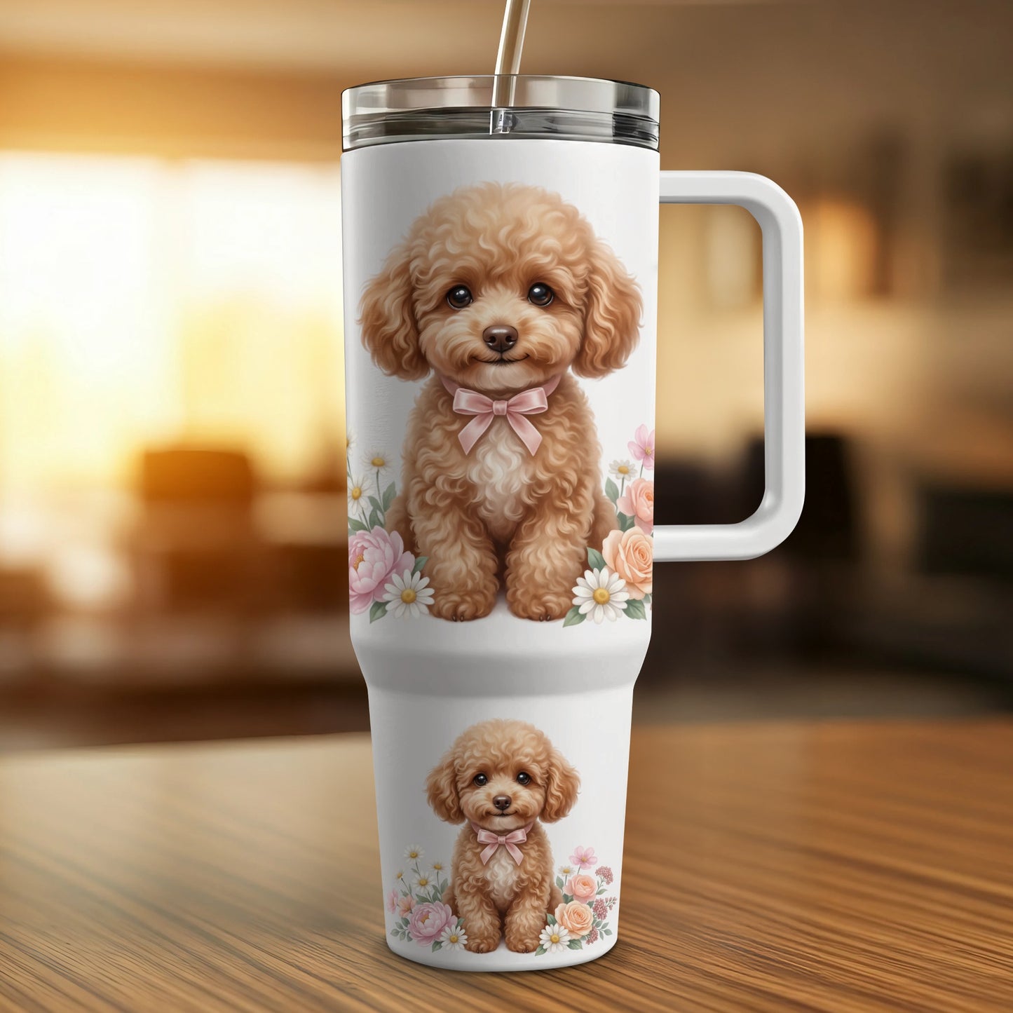 Brown poodle with pink bow on travel tumbler with flowers.