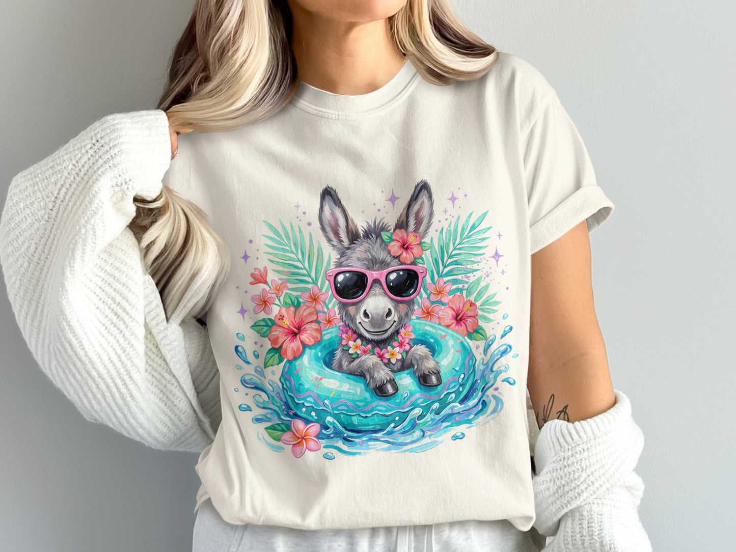 Cartoon donkey wearing sunglasses in a pool float, surrounded by flowers and leaves.