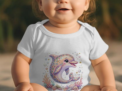 White baby onesie with a colorful cartoon dolphin and seashell graphic.