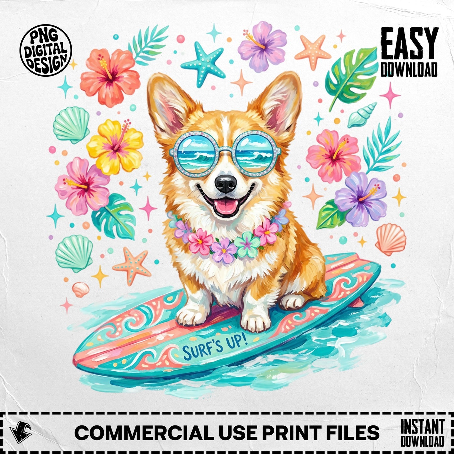 Corgi wearing sunglasses and a lei on a surfboard, with tropical flowers.