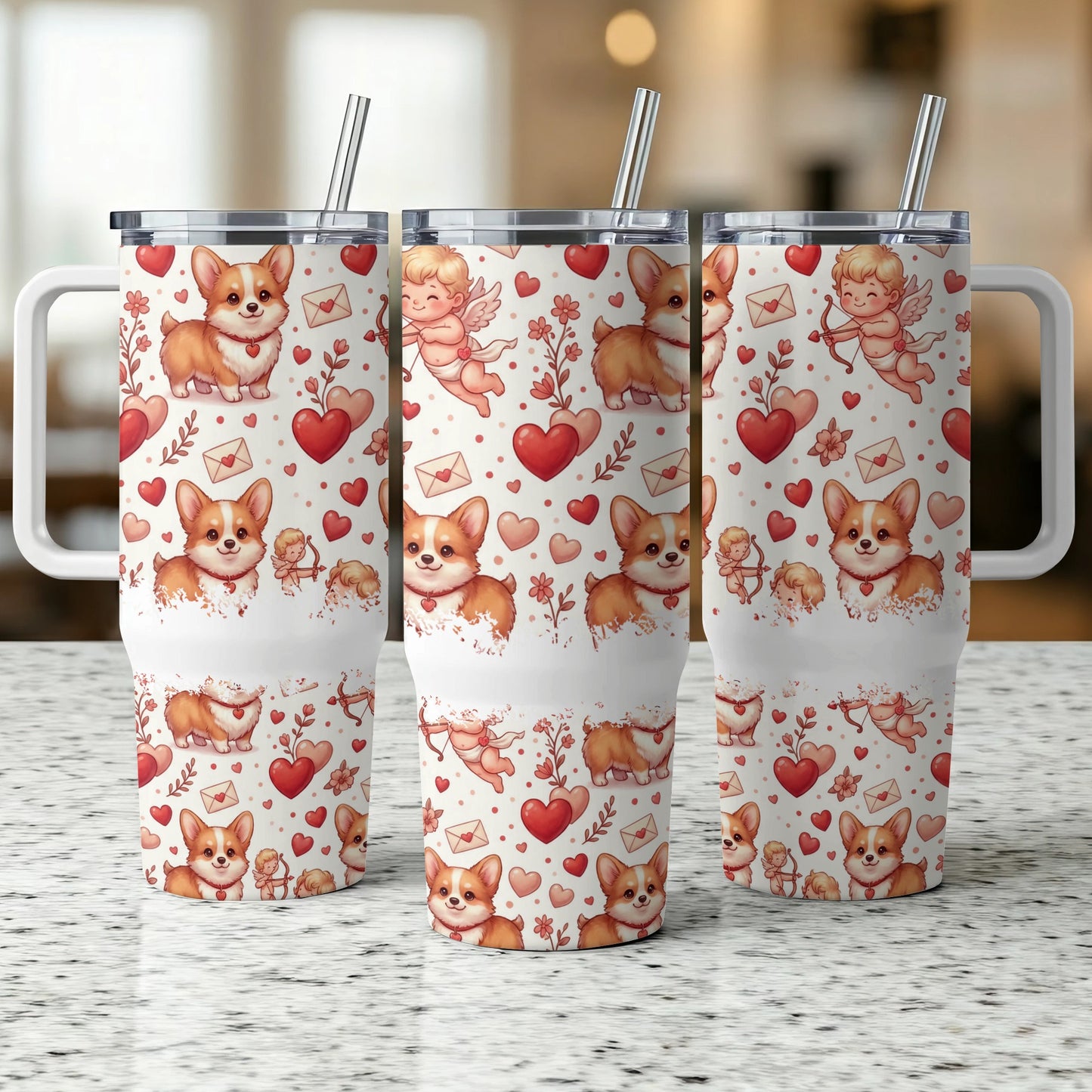 Three white tumblers with corgis, hearts, and cupid motifs.