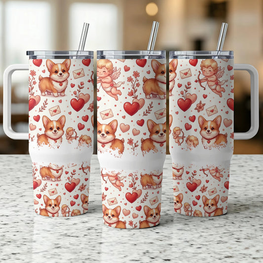 Three white tumblers with corgis, hearts, and cupid motifs.