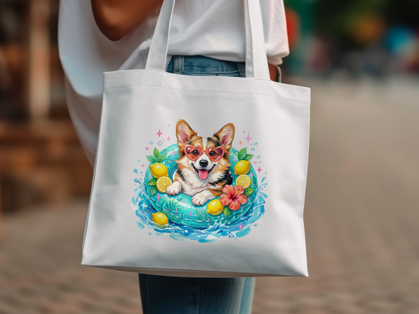 Corgi in heart sunglasses floats in pool with lemons and flowers.