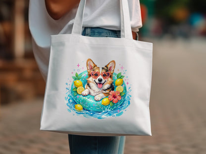 Corgi in heart sunglasses floats in pool with lemons and flowers.
