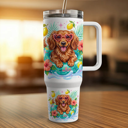 Dog with heart-shaped sunglasses on floatie, on a white tumbler with floral and lemon design.