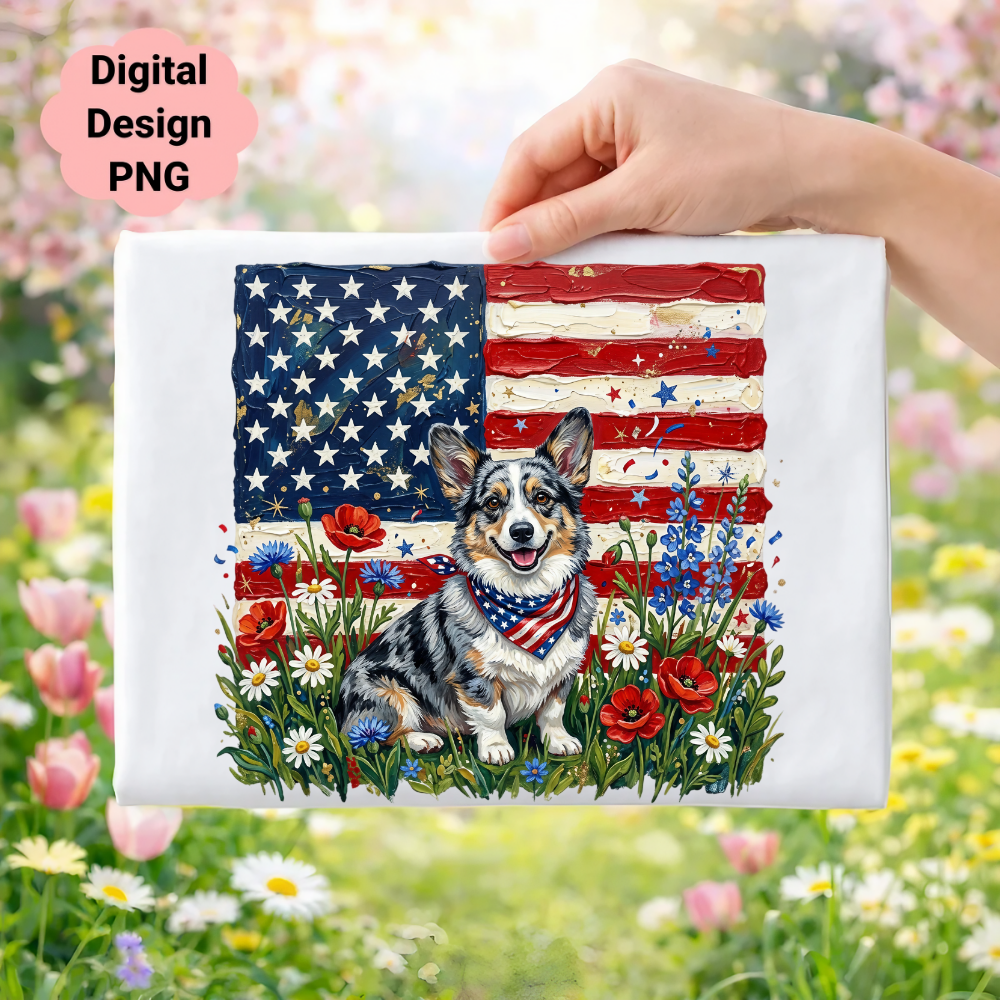 Corgi wearing bandana in front of American flag and flowers.