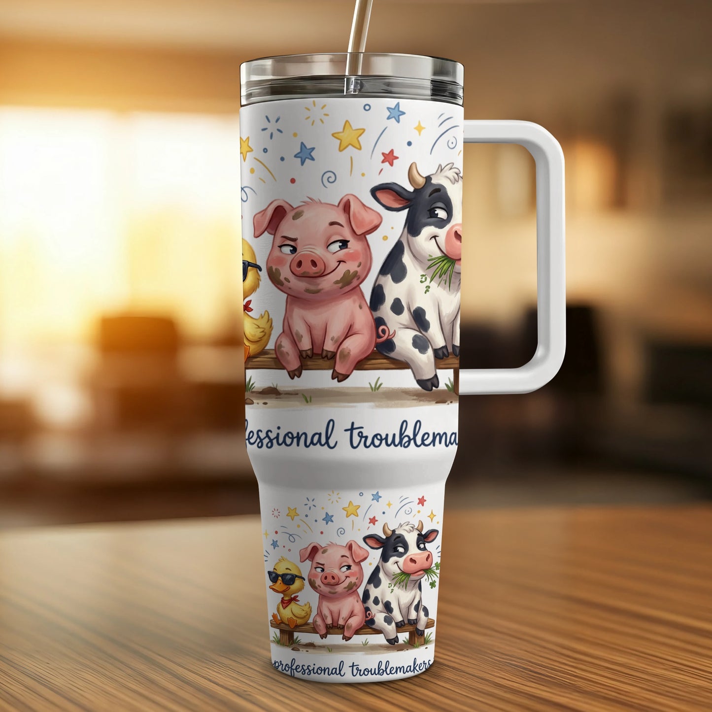 Farm animals on a tumbler that reads "Professional troublemakers."