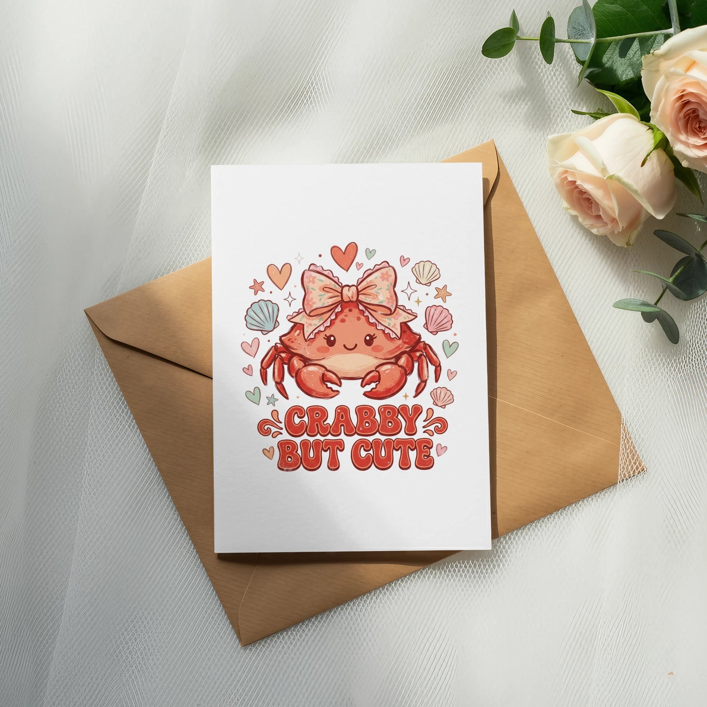 Card with cute crab illustration and text "Crabby But Cute."
