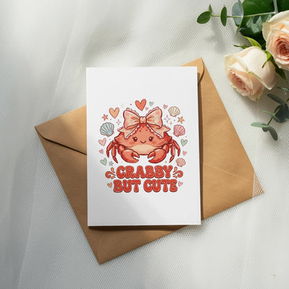Card with cute crab illustration and text "Crabby But Cute."