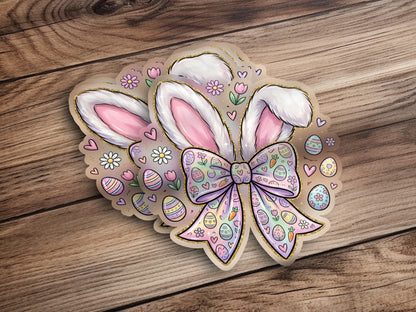 Easter bunny ears with bow, pastel eggs, and flowers stickers.