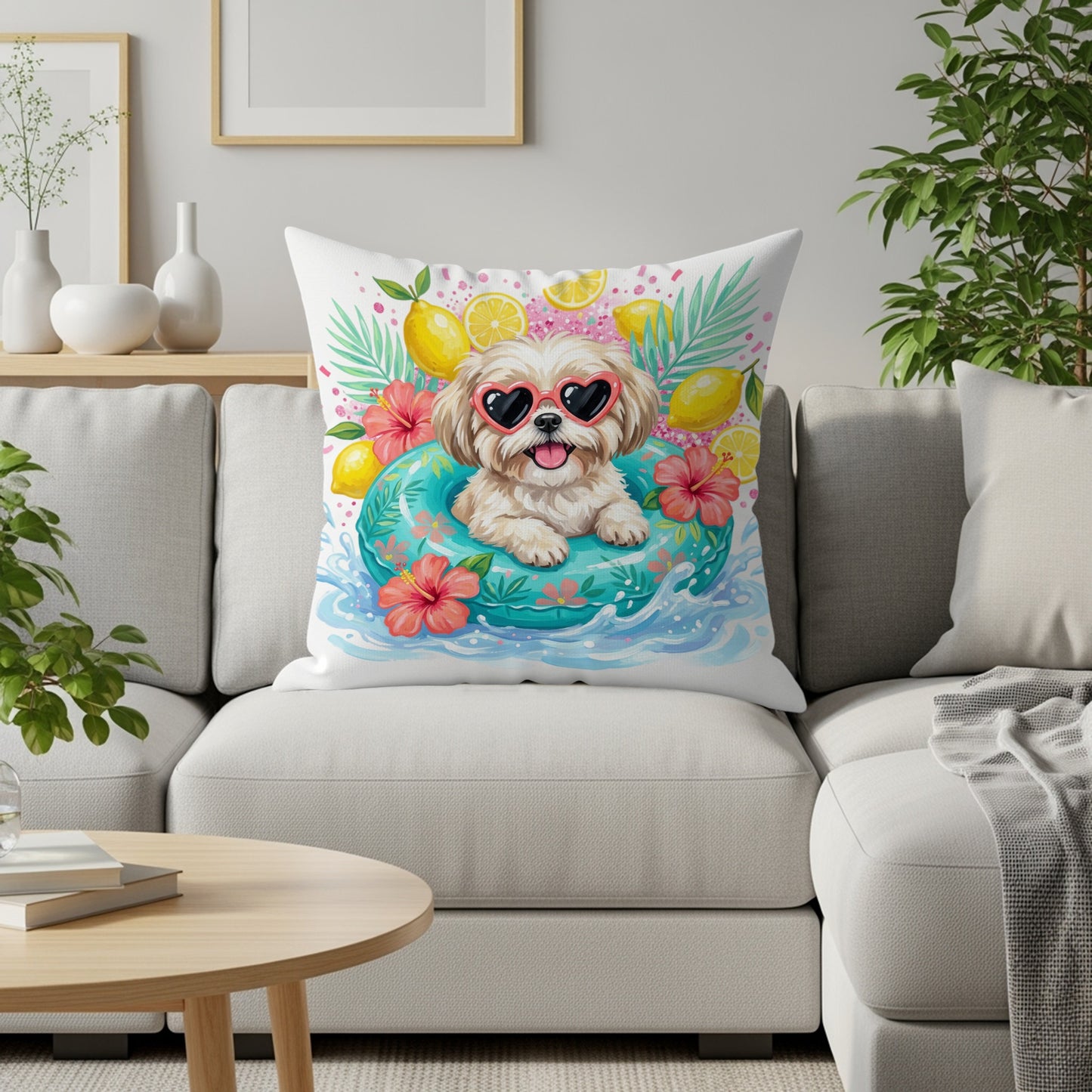 Shih Tzu wearing heart sunglasses in a pool float surrounded by lemons and flowers.