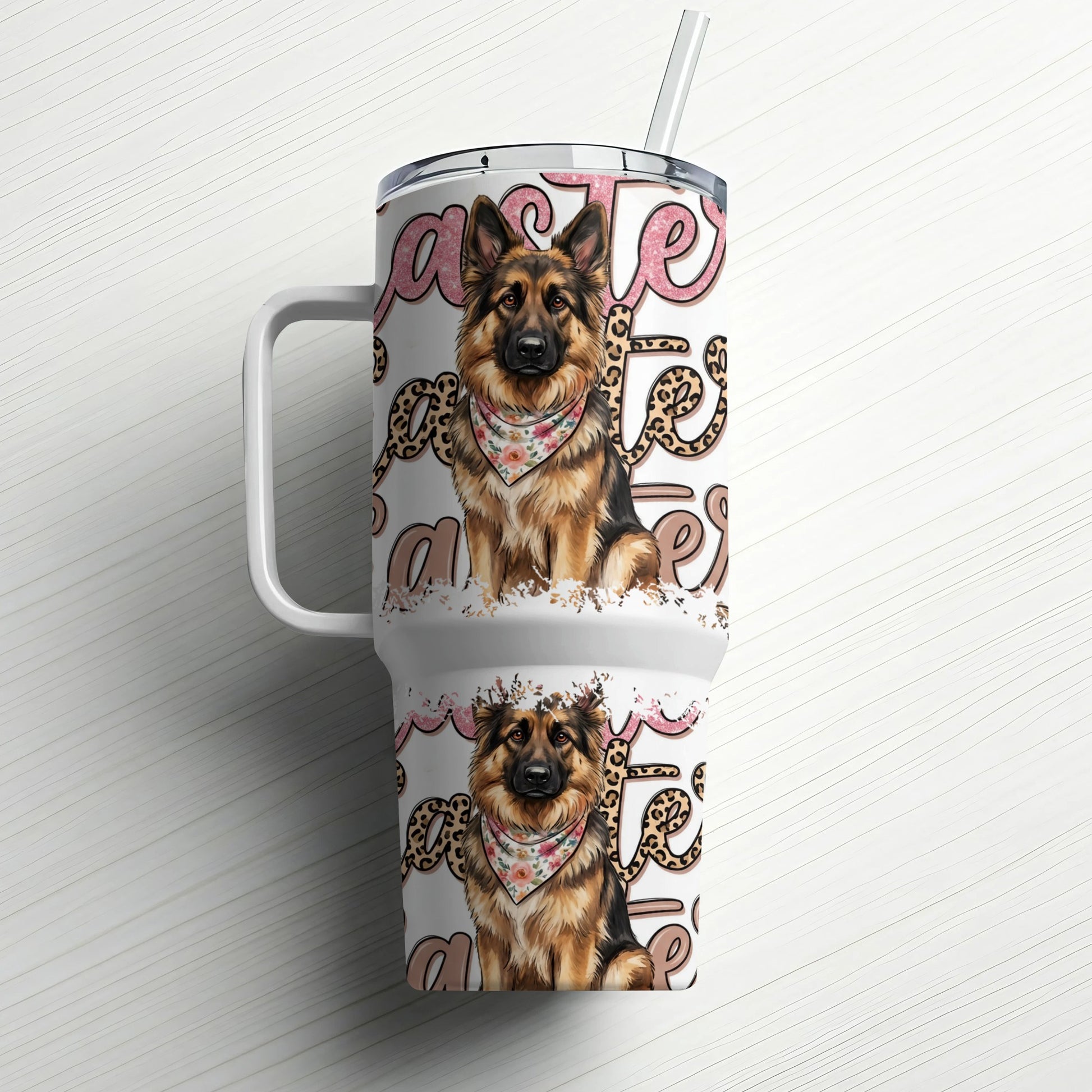 Two German Shepherd tumblers with leopard print and "Easter" text.