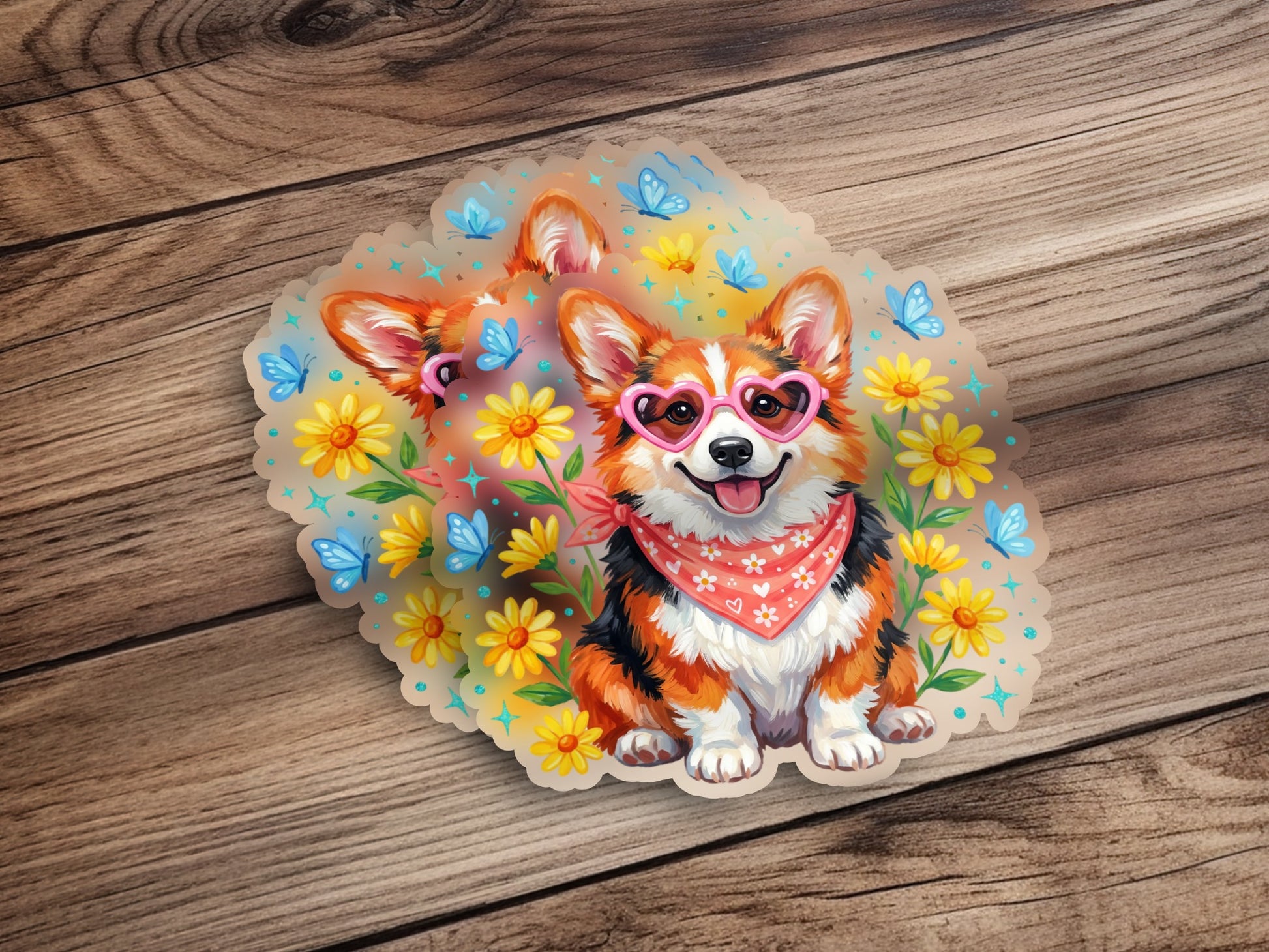 Corgi wearing heart sunglasses and bandana with butterflies.