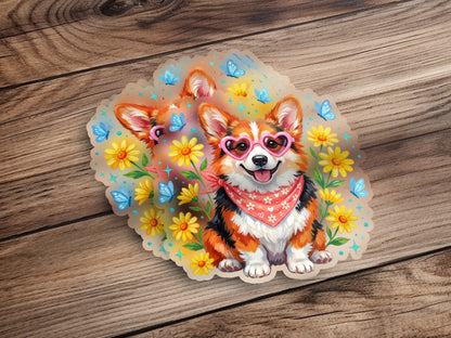 Corgi wearing heart sunglasses and bandana with butterflies.