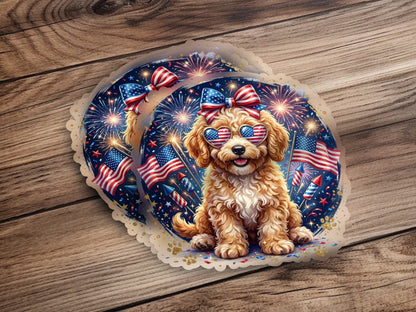 Puppy in patriotic bandana and heart sunglasses with fireworks.