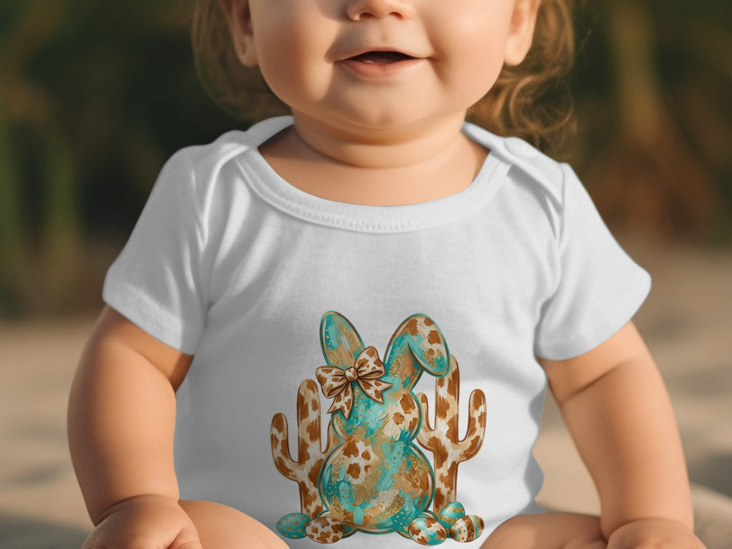 White baby bodysuit with distressed turquoise and brown bunny and cactus graphic.