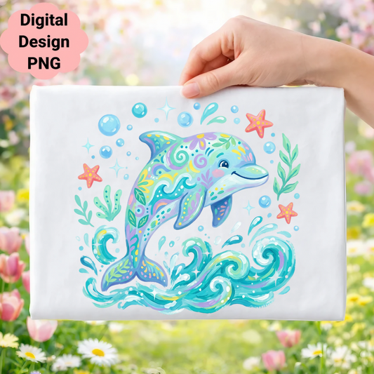 Colorful dolphin with floral patterns and waves, surrounded by starfish.
