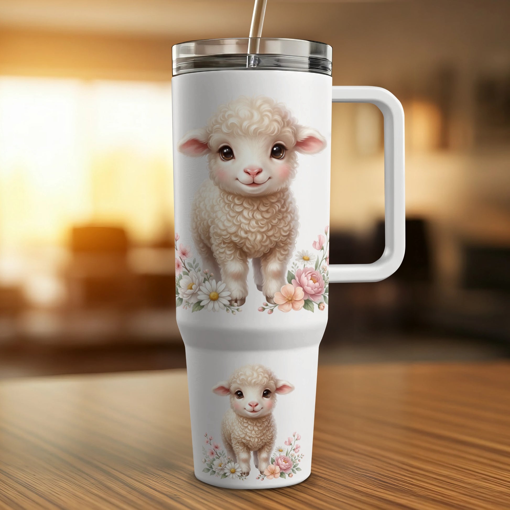 White tumbler with cute sheep and flowers, large handle, metal straw.