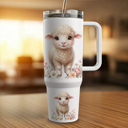 White tumbler with cute sheep and flowers, large handle, metal straw.