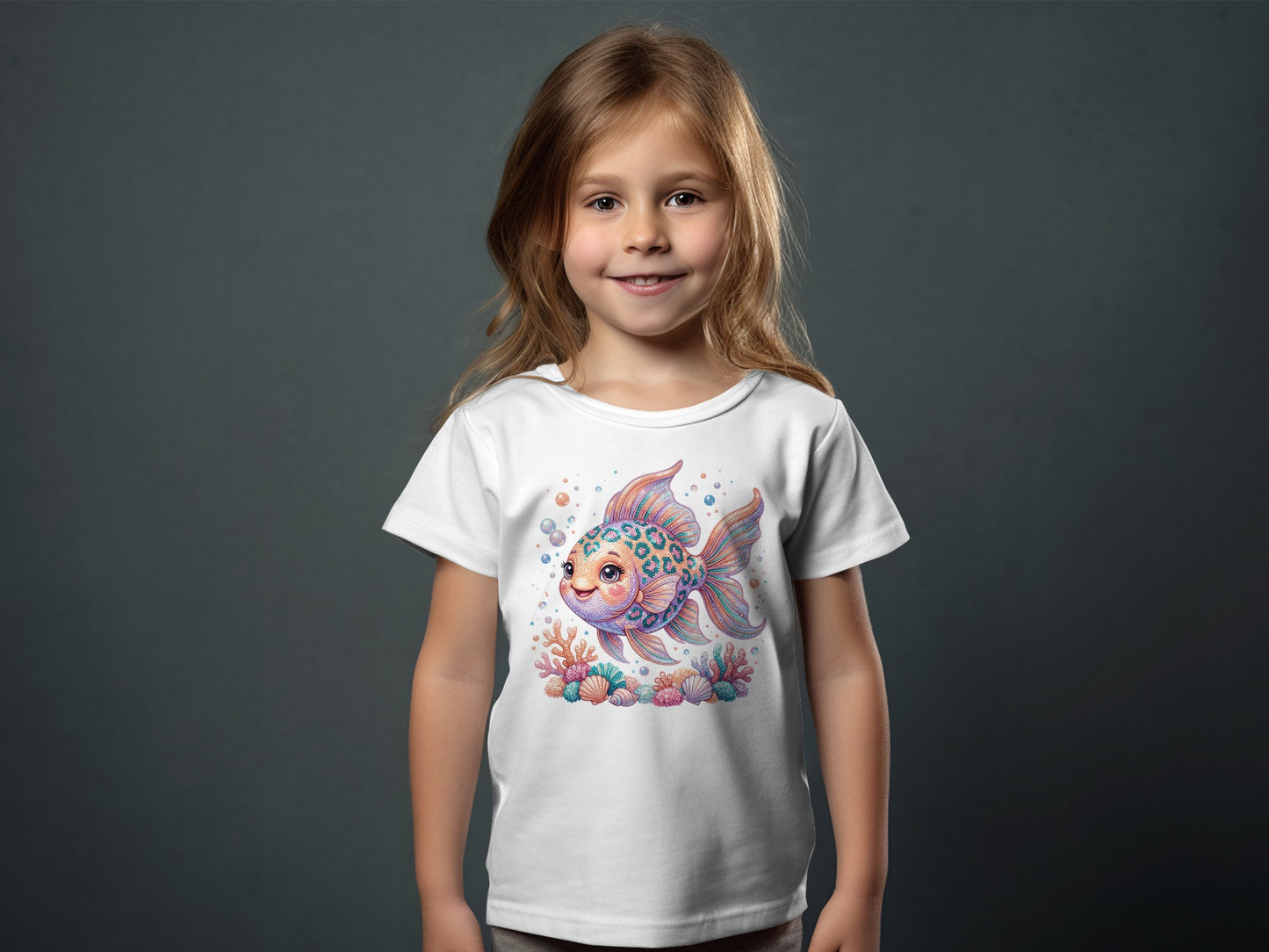 Girl wearing white t-shirt with colorful cartoon goldfish and coral graphic.