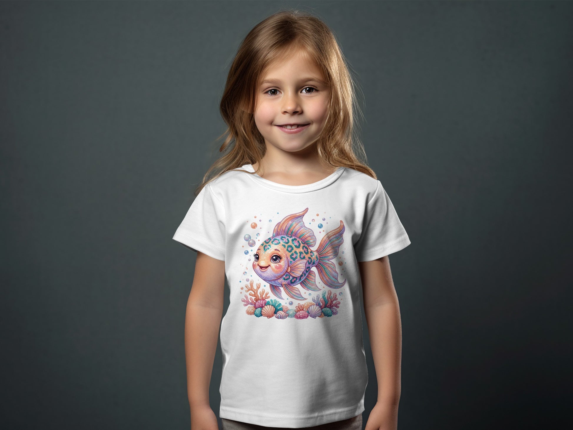 Girl wearing white t-shirt with colorful cartoon goldfish and coral graphic.
