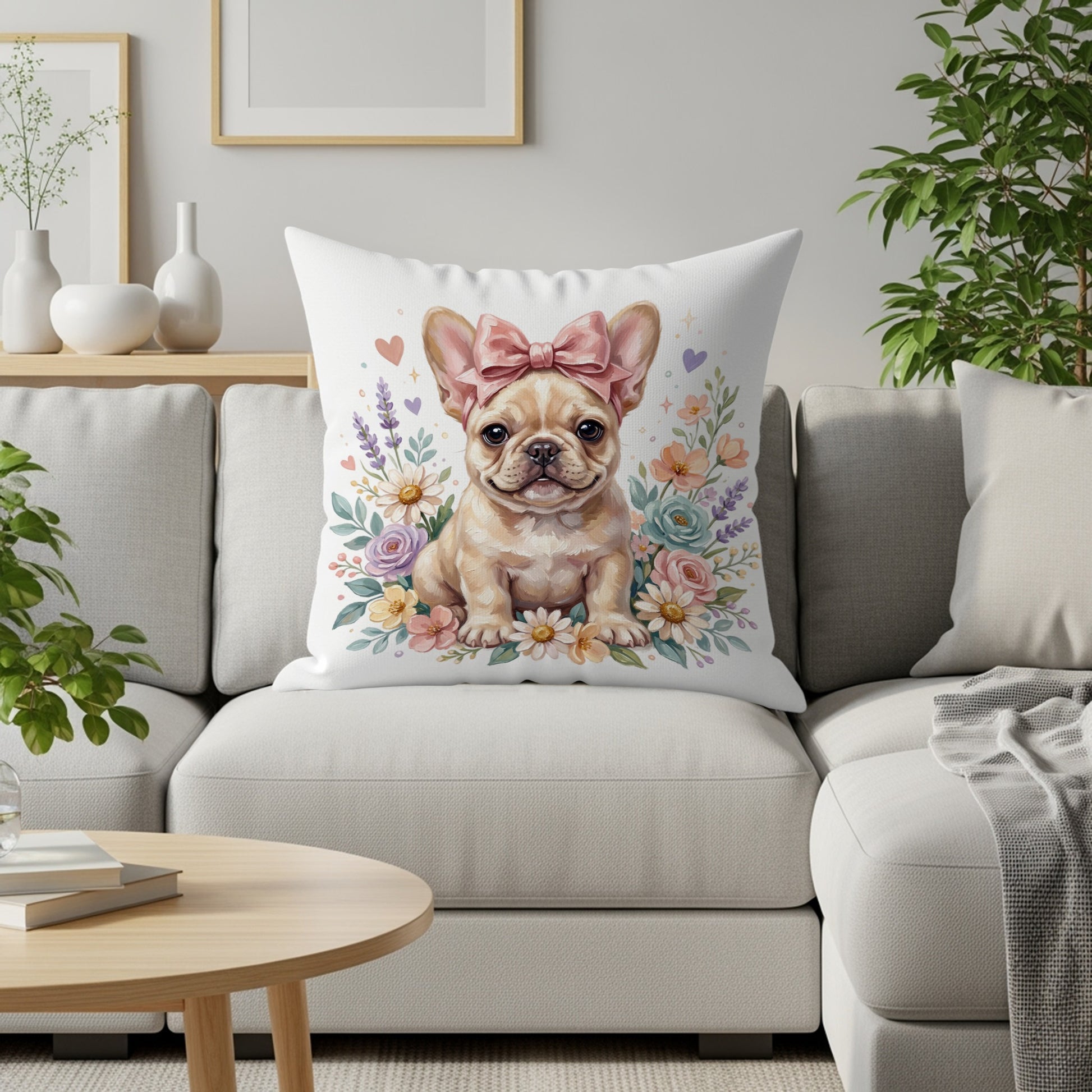 French bulldog puppy with pink bow on a floral pillow on a couch.