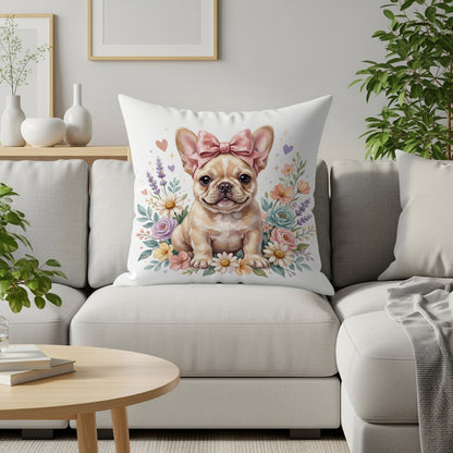 French bulldog puppy with pink bow on a floral pillow on a couch.