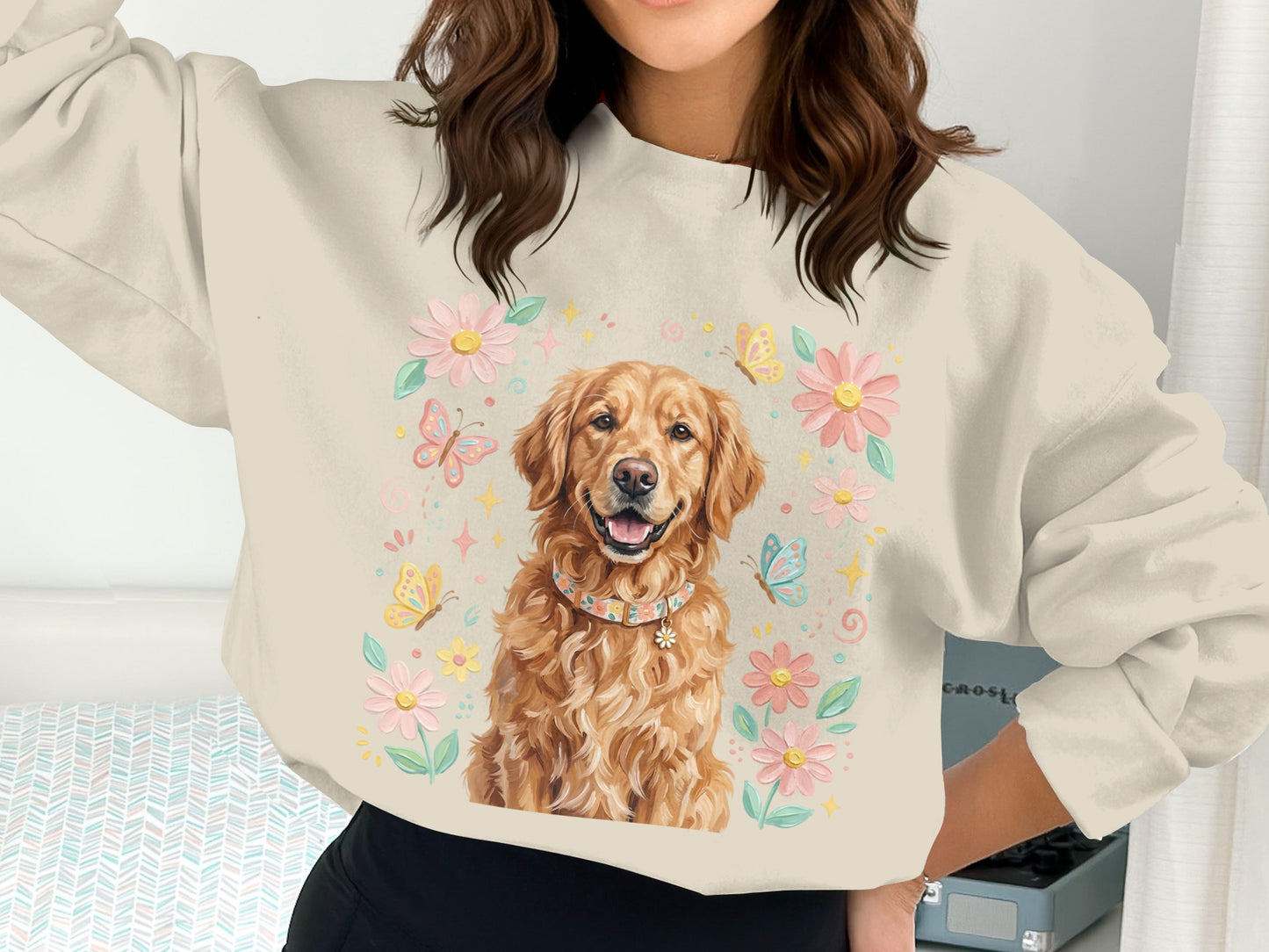 Golden retriever wearing a floral collar surrounded by flowers and butterflies.