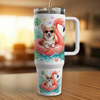Corgi wearing heart sunglasses floats on a flamingo inflatable.