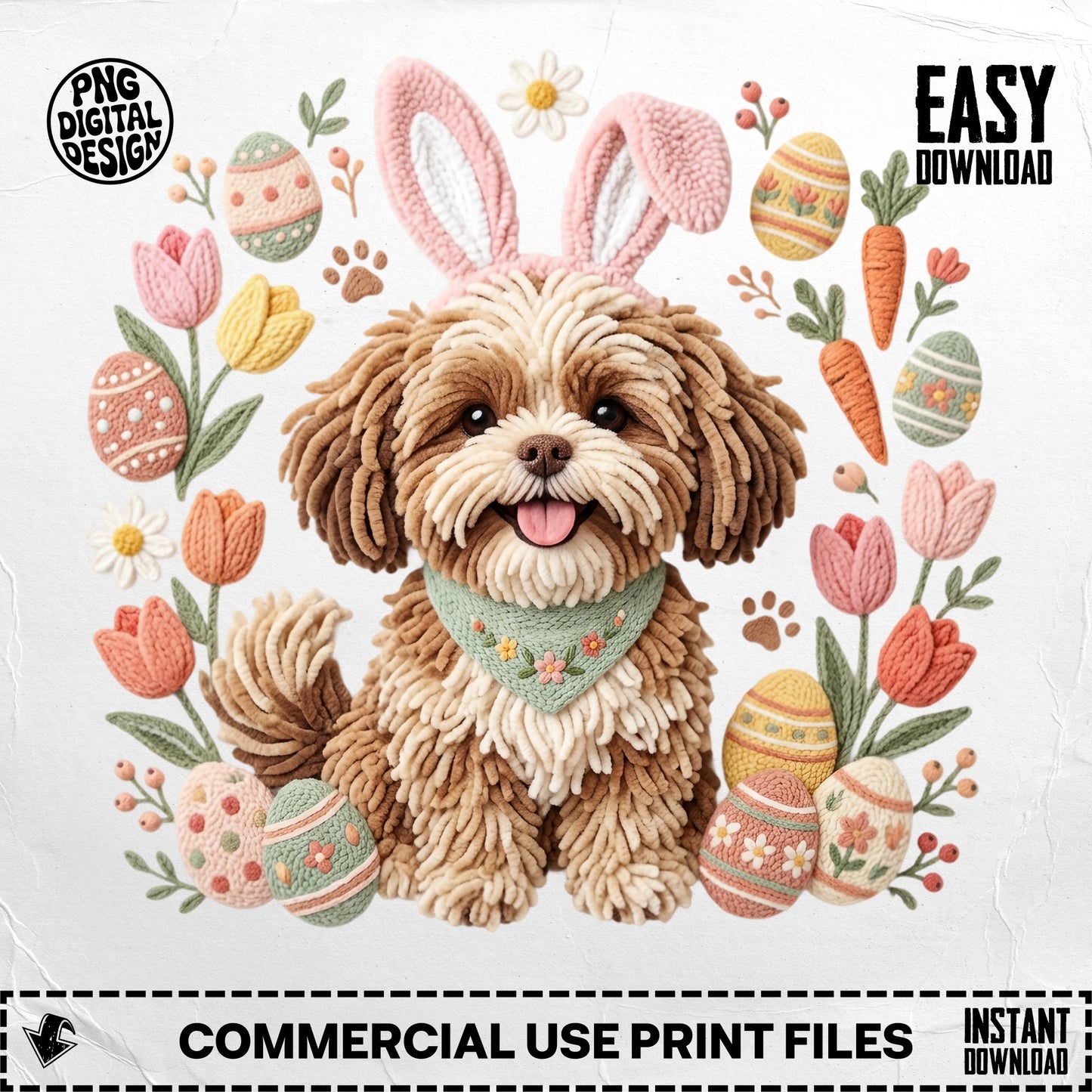 Fluffy dog with bunny ears and Easter eggs, flowers, and carrots.