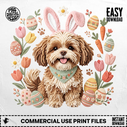 Fluffy dog with bunny ears and Easter eggs, flowers, and carrots.