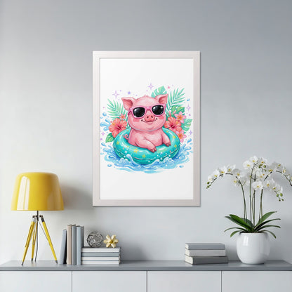Pink pig wearing sunglasses relaxes in a turquoise inner tube.