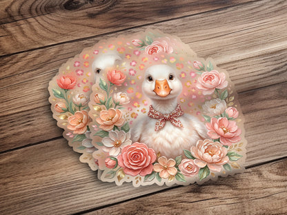 Cute goose with floral border and bow tie.