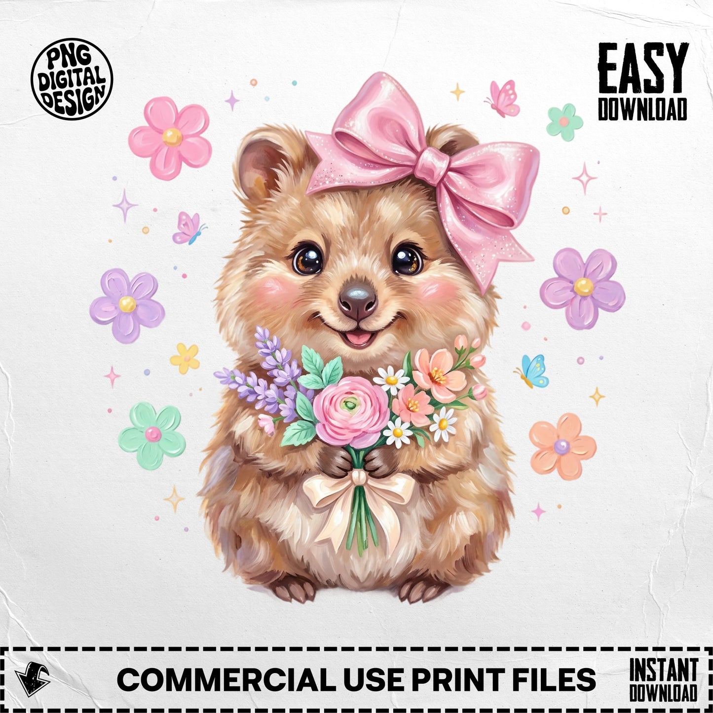 Quokka holding a bouquet of flowers, wearing a pink bow, with butterflies.