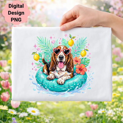 Basset Hound in heart sunglasses on inner tube with lemons and flowers.