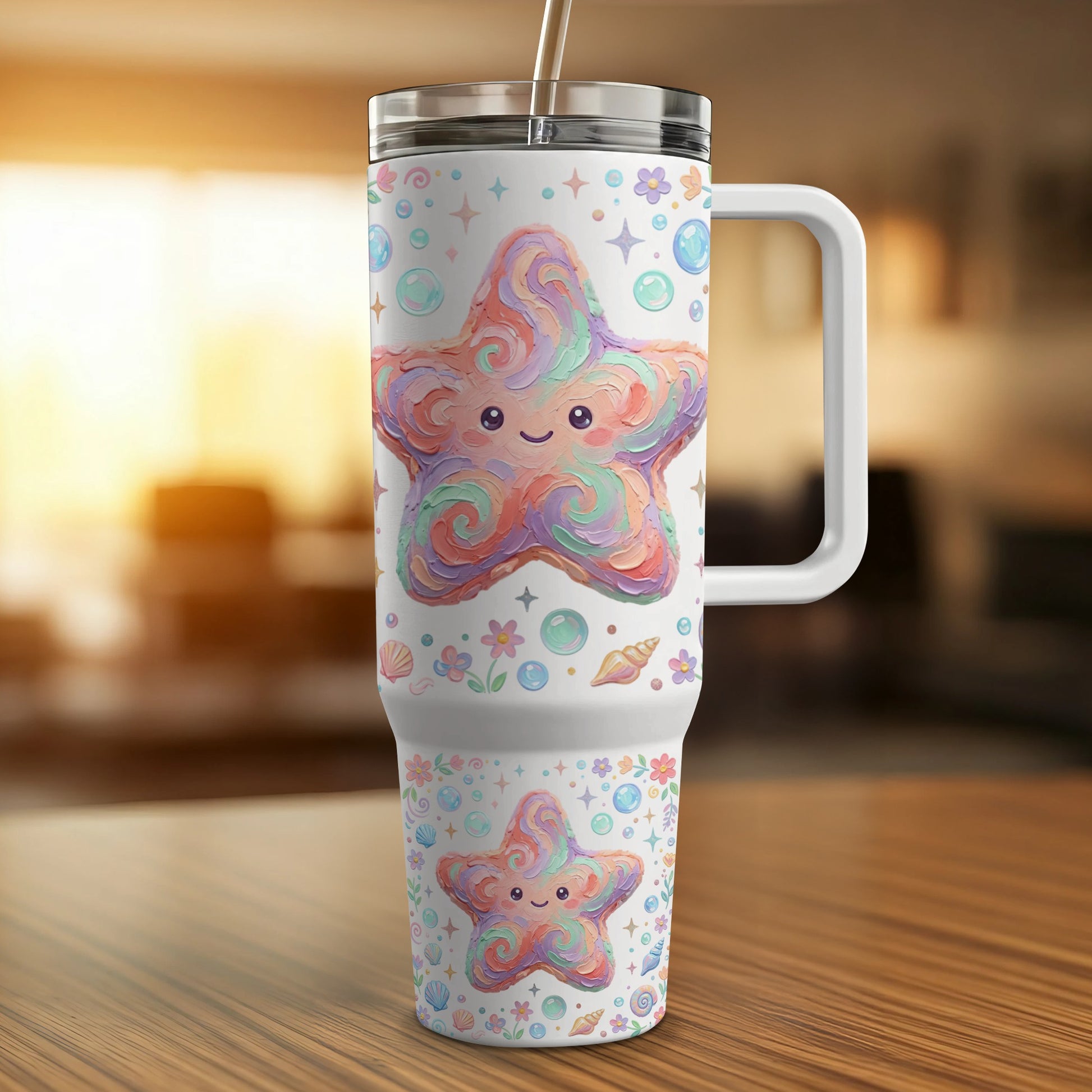 White tumbler with a pastel starfish and bubble pattern.