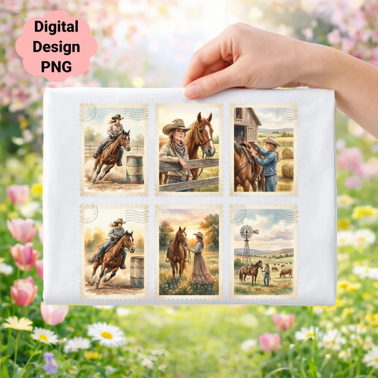 Six postage stamps with cowboy and horse motifs and a windmill scene.