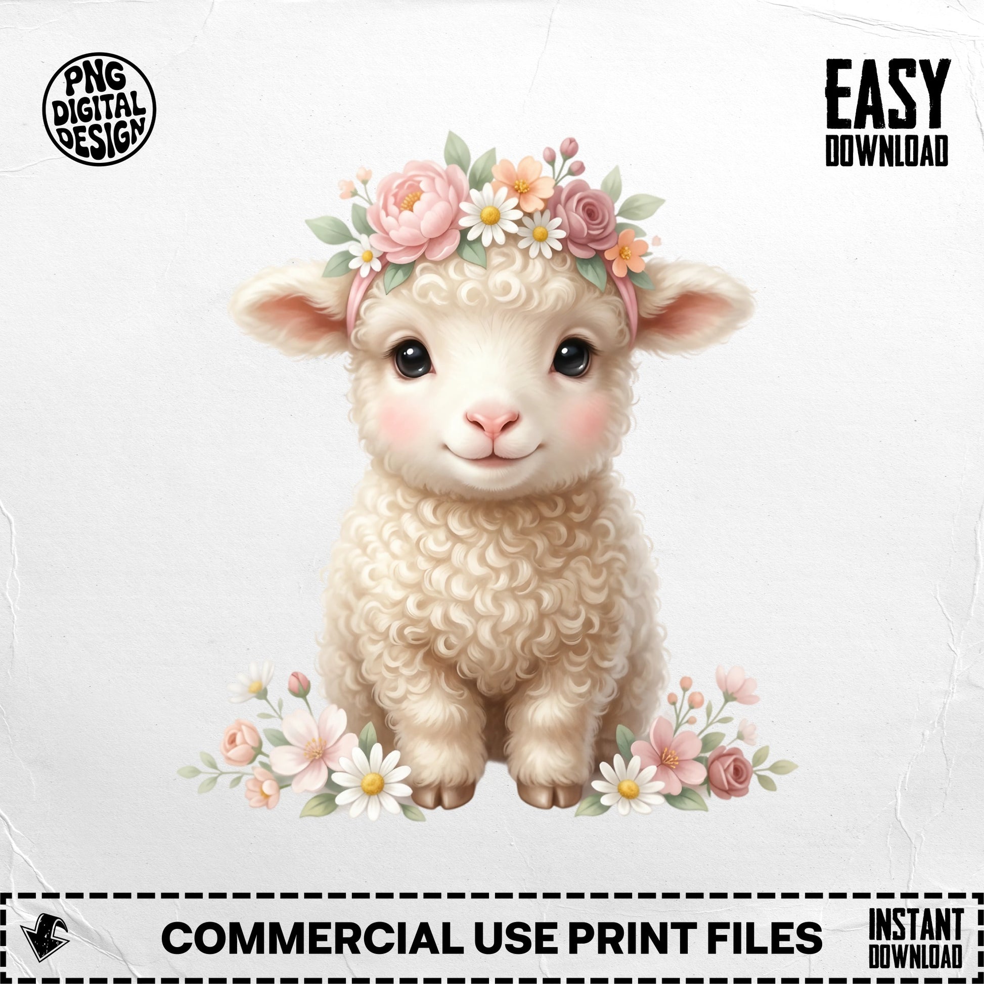 Cute fluffy lamb wearing a floral crown with "PNG DIGITAL DESIGN EASY DOWNLOAD" text.