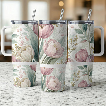Three tumblers with a floral pattern featuring pink tulips and greenery.