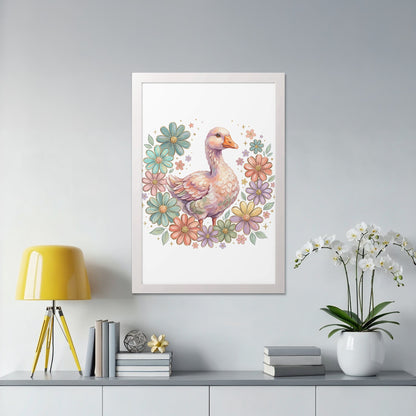 Watercolor painting of a goose in a floral wreath.